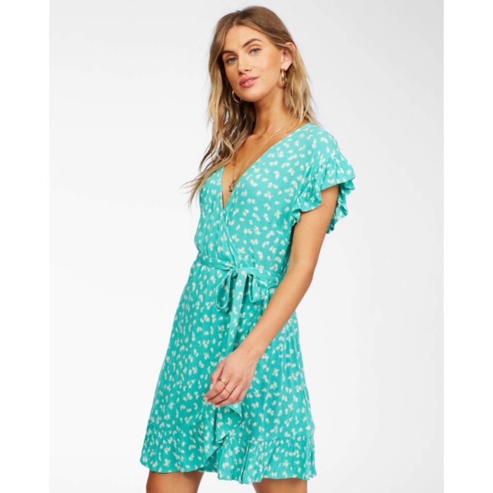 Billabong Wrap and Roll Aqua Green Floral V-Neck Mini Wrap Dress - Picture 3 of 6